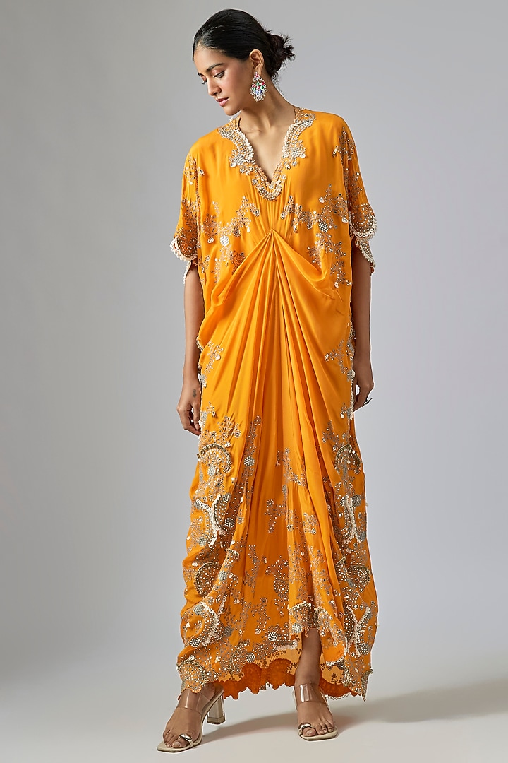 Orange Crepe Pearl Hand Embroidered Kaftan Dress by Nupur Kanoi at Pernia's Pop Up Shop
