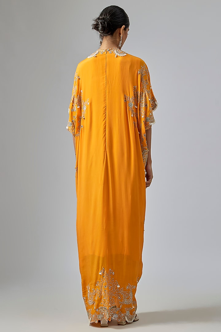 Orange Crepe Pearl Hand Embroidered Kaftan Dress by Nupur Kanoi at Pernia's Pop Up Shop