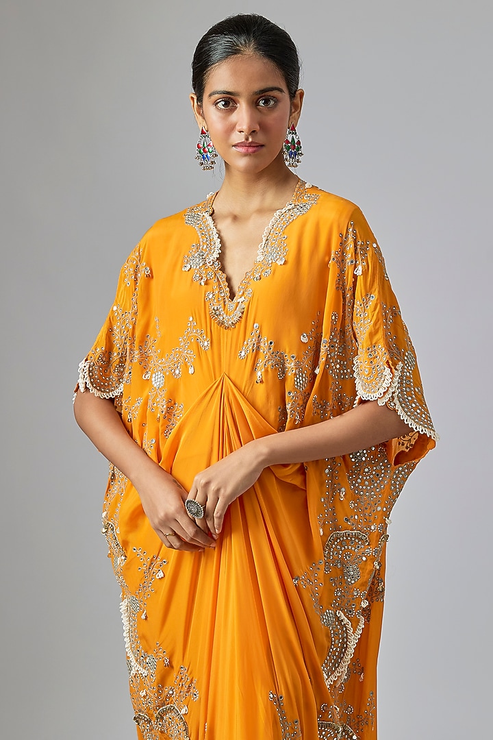 Orange Crepe Pearl Hand Embroidered Kaftan Dress by Nupur Kanoi at Pernia's Pop Up Shop