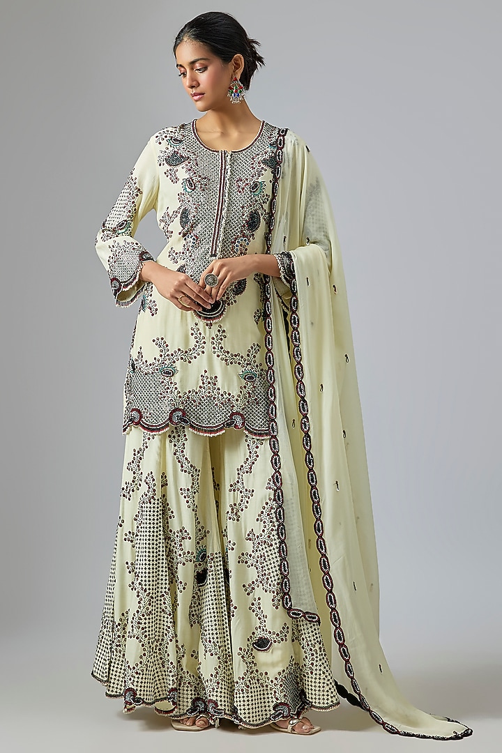 Off-White Crepe Sequin Hand Embroidered Gharara Set by Nupur Kanoi at Pernia's Pop Up Shop