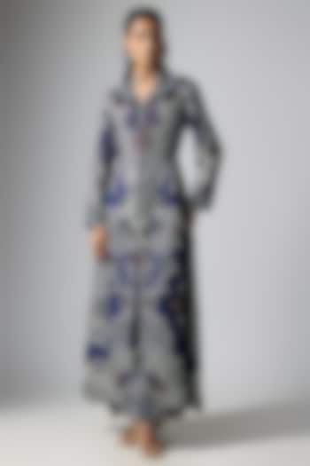 Navy Silk Satin Thread Hand Embroidered Jacket Set by Nupur Kanoi at Pernia's Pop Up Shop