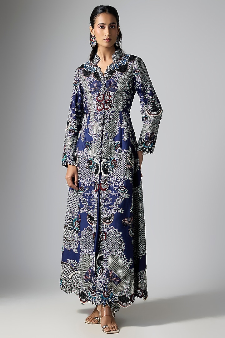Navy Silk Satin Thread Hand Embroidered Jacket Set by Nupur Kanoi at Pernia's Pop Up Shop