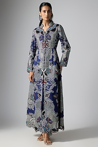 Navy Silk Satin Thread Hand Embroidered Jacket Set by Nupur Kanoi