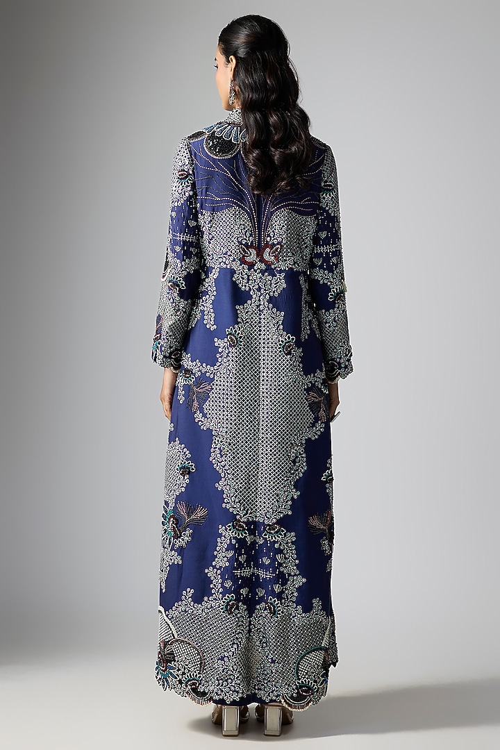 Navy Silk Satin Thread Hand Embroidered Jacket Set by Nupur Kanoi at Pernia's Pop Up Shop