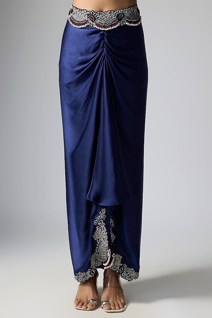 Navy Silk Satin Thread Hand Embroidered Jacket Set by Nupur Kanoi at Pernia's Pop Up Shop