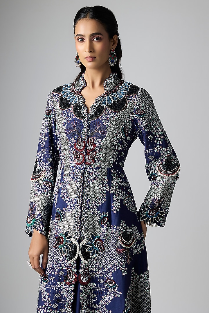 Navy Silk Satin Thread Hand Embroidered Jacket Set by Nupur Kanoi at Pernia's Pop Up Shop