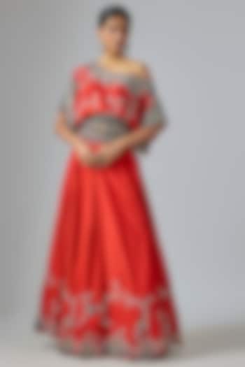 Orange Silk & Crepe Hand Embroidered Bridal Lehenga Set by Nupur Kanoi at Pernia's Pop Up Shop