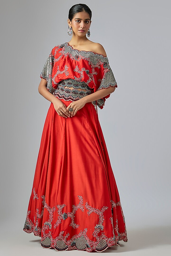 Orange Silk & Crepe Hand Embroidered Bridal Lehenga Set by Nupur Kanoi at Pernia's Pop Up Shop