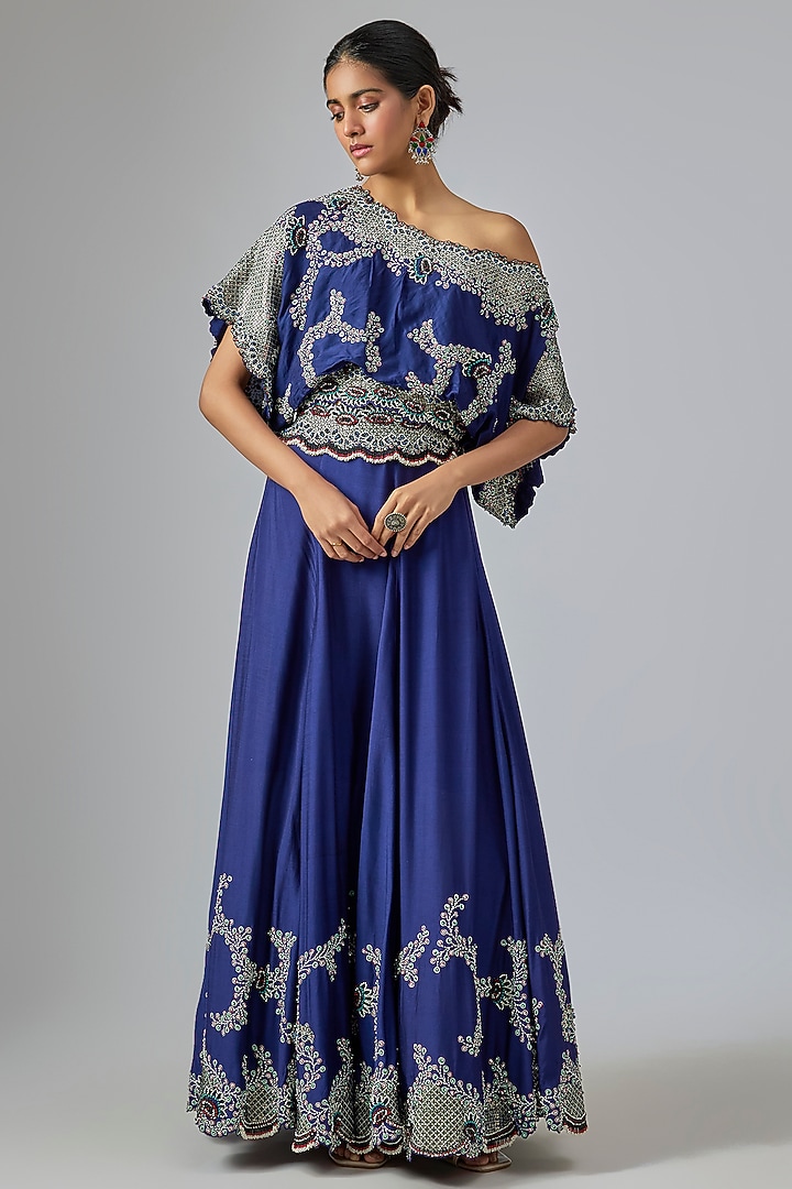 Blue Silk & Crepe Hand Embroidered Bridal Lehenga Set by Nupur Kanoi at Pernia's Pop Up Shop