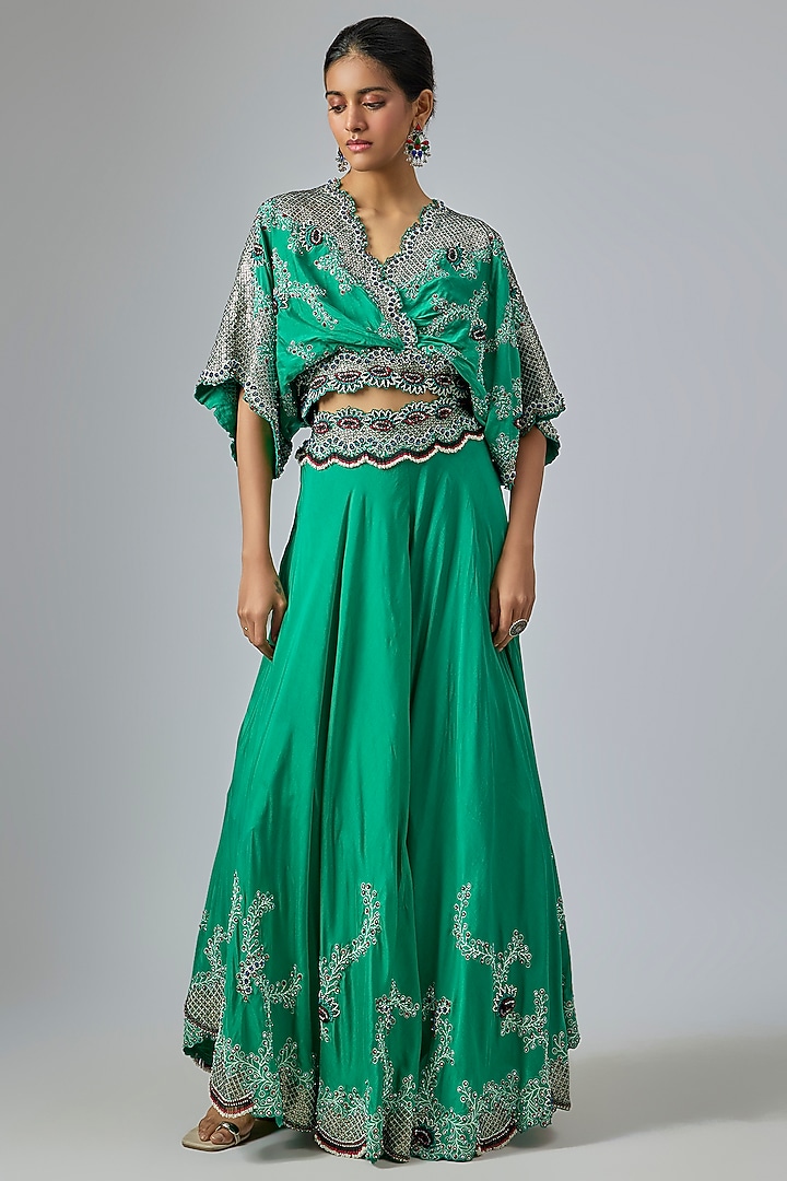 Sea Green Silk & Crepe Hand Embroidered Bridal Sharara Set by Nupur Kanoi at Pernia's Pop Up Shop