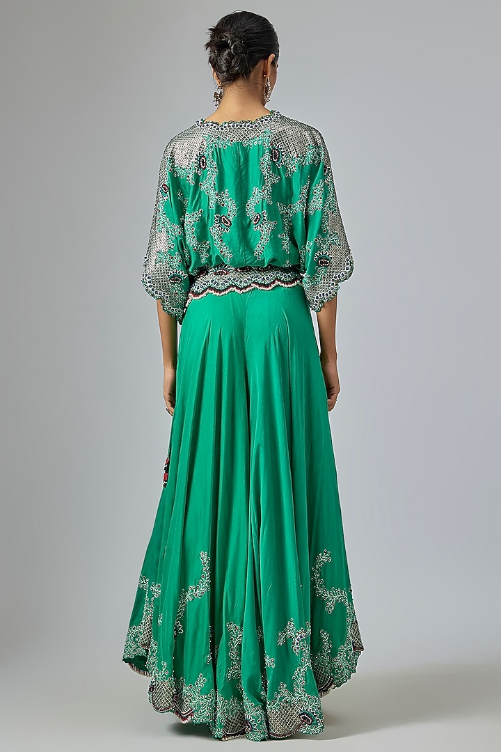 Sea Green Silk & Crepe Hand Embroidered Bridal Sharara Set by Nupur Kanoi at Pernia's Pop Up Shop