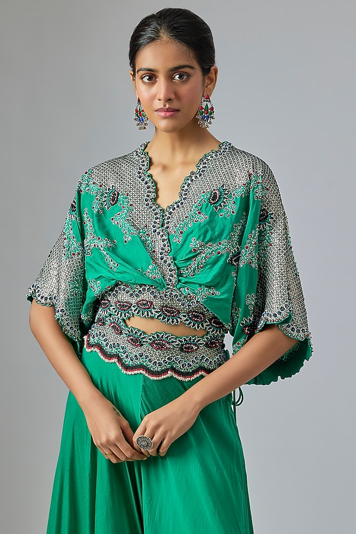 Sea Green Silk & Crepe Hand Embroidered Bridal Sharara Set by Nupur Kanoi at Pernia's Pop Up Shop