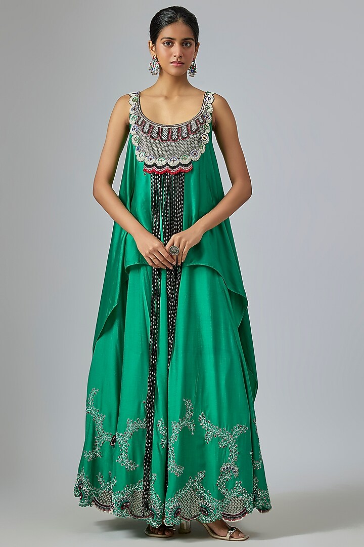 Sea Green Silk & Crepe Hand Embroidered Wedding Lehenga Set by Nupur Kanoi at Pernia's Pop Up Shop
