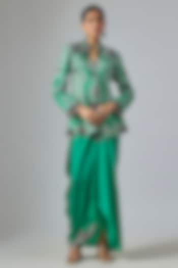 Sea Green Silk & Crepe Hand Embroidered Peplum Jacket Set by Nupur Kanoi at Pernia's Pop Up Shop