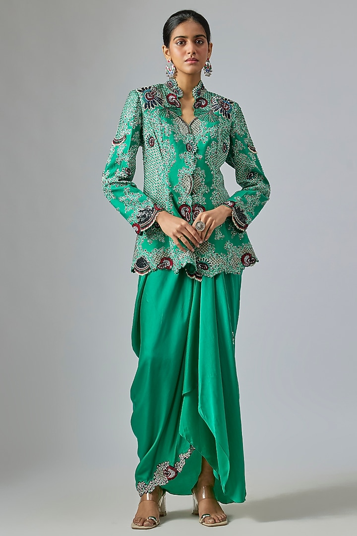 Sea Green Silk & Crepe Hand Embroidered Peplum Jacket Set by Nupur Kanoi at Pernia's Pop Up Shop