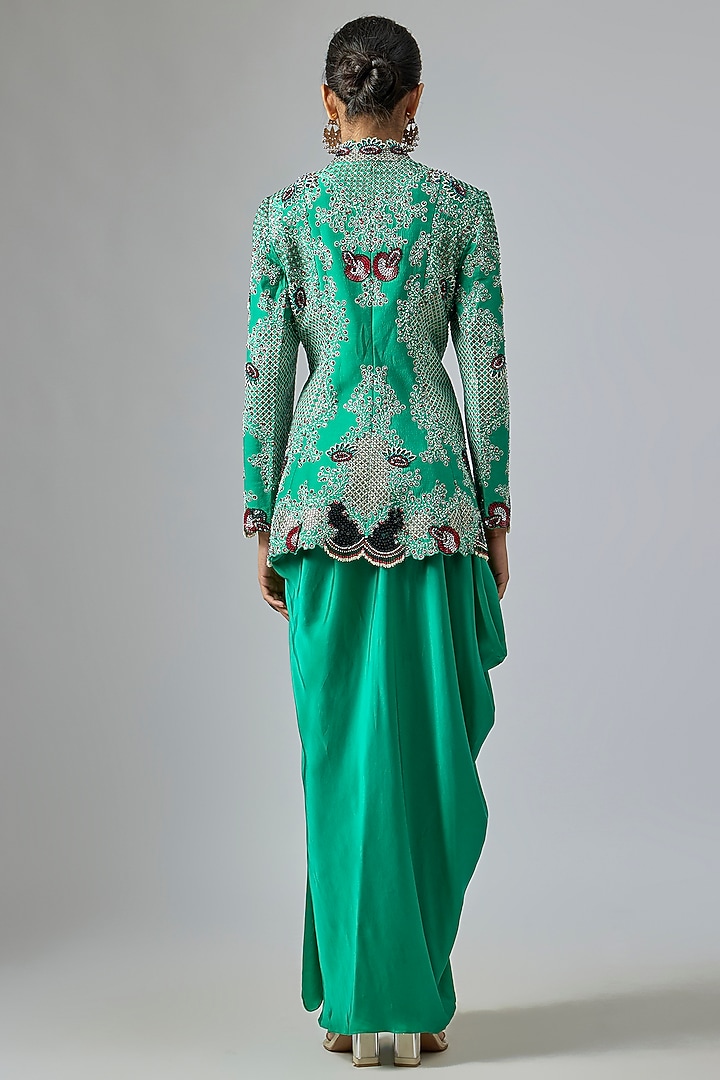 Sea Green Silk & Crepe Hand Embroidered Peplum Jacket Set by Nupur Kanoi at Pernia's Pop Up Shop
