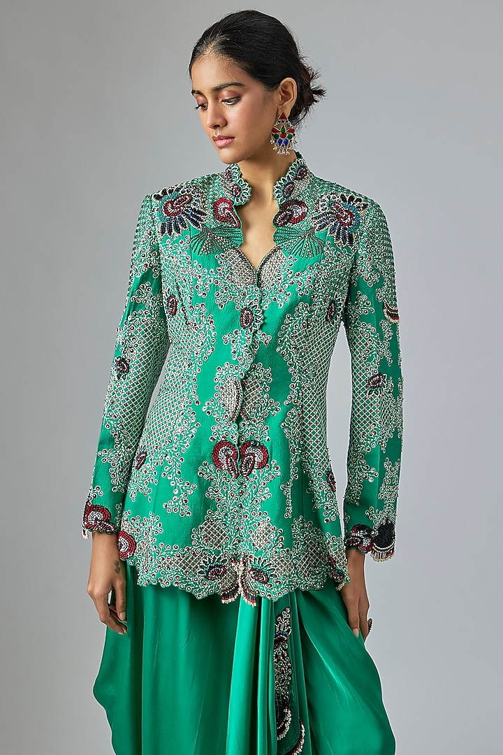 Sea Green Silk & Crepe Hand Embroidered Peplum Jacket Set by Nupur Kanoi at Pernia's Pop Up Shop