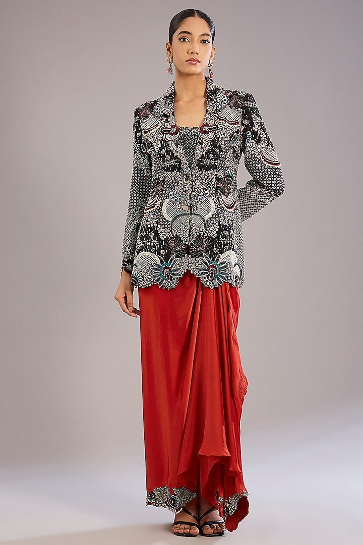 Black & Orange Crepe Hand Embroidered Jacket Party Wear Dress by Nupur Kanoi at Pernia's Pop Up Shop