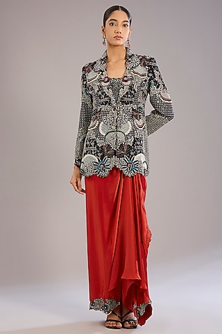 Black & Orange Crepe Hand Embroidered Jacket Dress by Nupur Kanoi