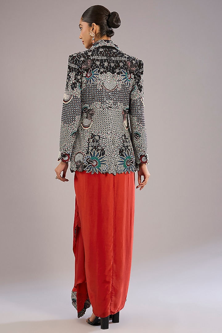 Black & Orange Crepe Hand Embroidered Jacket Party Wear Dress by Nupur Kanoi at Pernia's Pop Up Shop