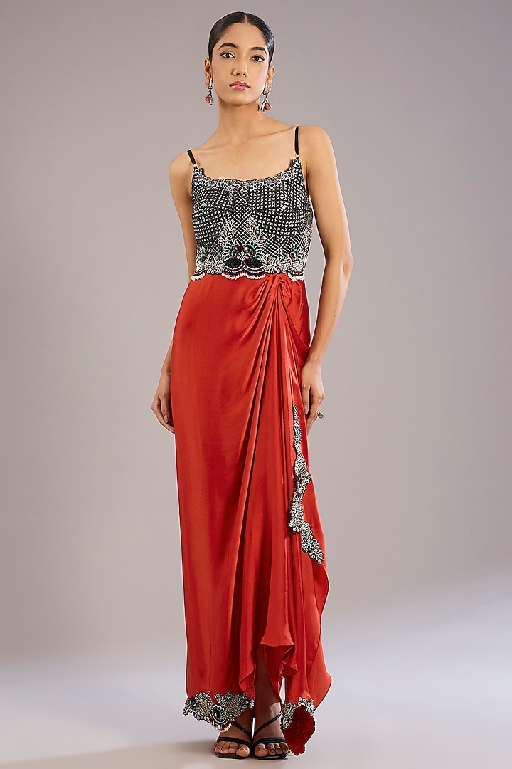 Black & Orange Crepe Hand Embroidered Jacket Party Wear Dress by Nupur Kanoi at Pernia's Pop Up Shop
