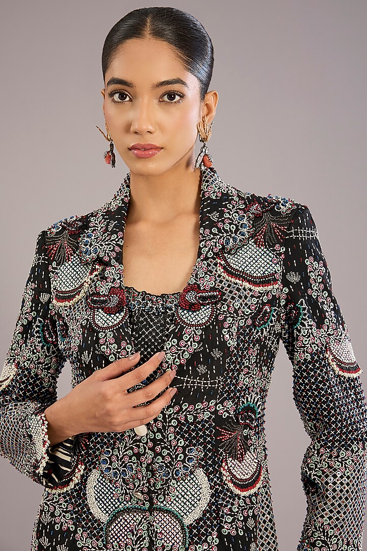 Black & Orange Crepe Hand Embroidered Jacket Party Wear Dress by Nupur Kanoi at Pernia's Pop Up Shop
