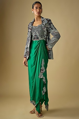 Black & Green Satin Lycra Embroidered Blazer Dress by Nupur Kanoi