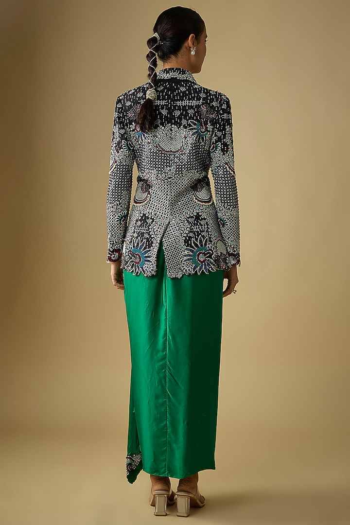 Black & Green Satin Lycra Embroidered Blazer Party Wear Dress by Nupur Kanoi at Pernia's Pop Up Shop