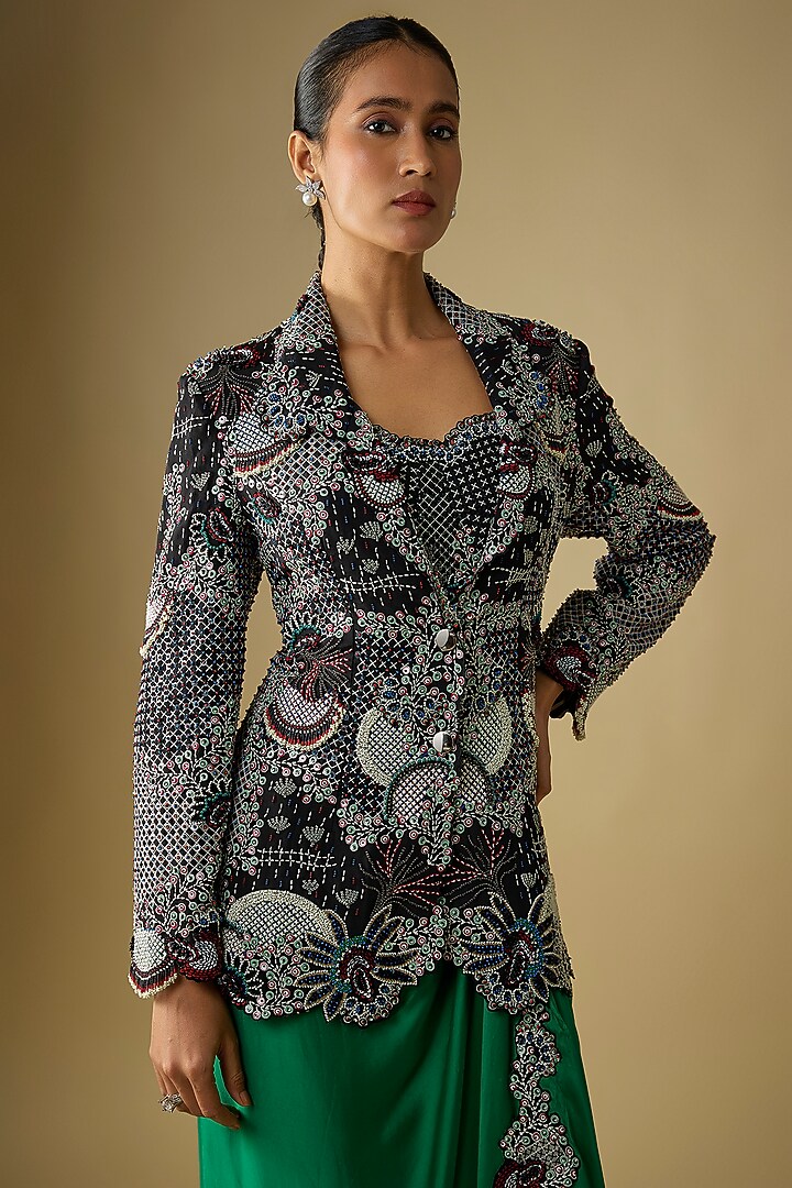 Black & Green Satin Lycra Embroidered Blazer Party Wear Dress by Nupur Kanoi at Pernia's Pop Up Shop