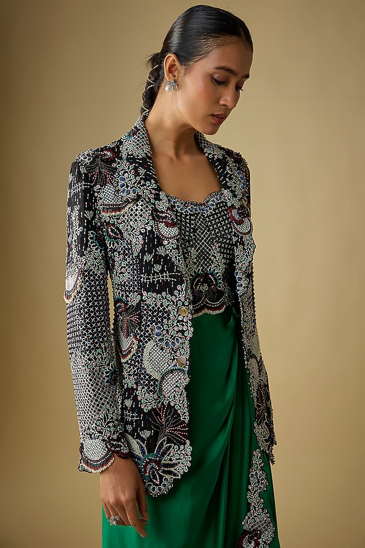 Black & Green Satin Lycra Embroidered Blazer Party Wear Dress by Nupur Kanoi at Pernia's Pop Up Shop