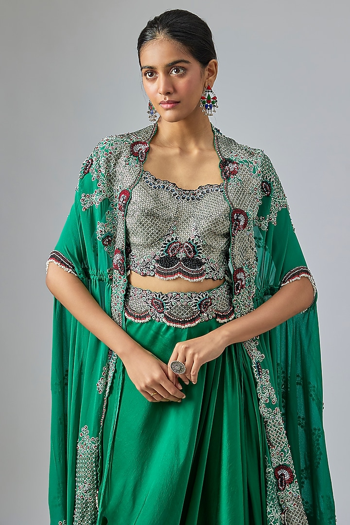 Sea Green Georgette Sequin Hand Embroidered Cape Set by Nupur Kanoi at Pernia's Pop Up Shop
