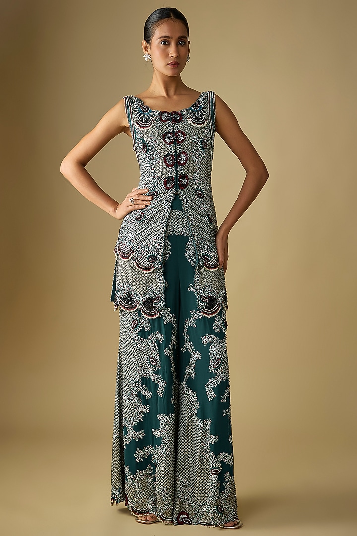 Teal Crepe Hand Embroidered Kurta Set by Nupur Kanoi at Pernia's Pop Up Shop
