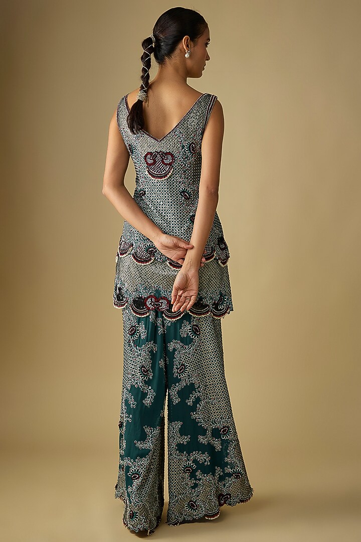 Teal Crepe Hand Embroidered Kurta Set by Nupur Kanoi at Pernia's Pop Up Shop