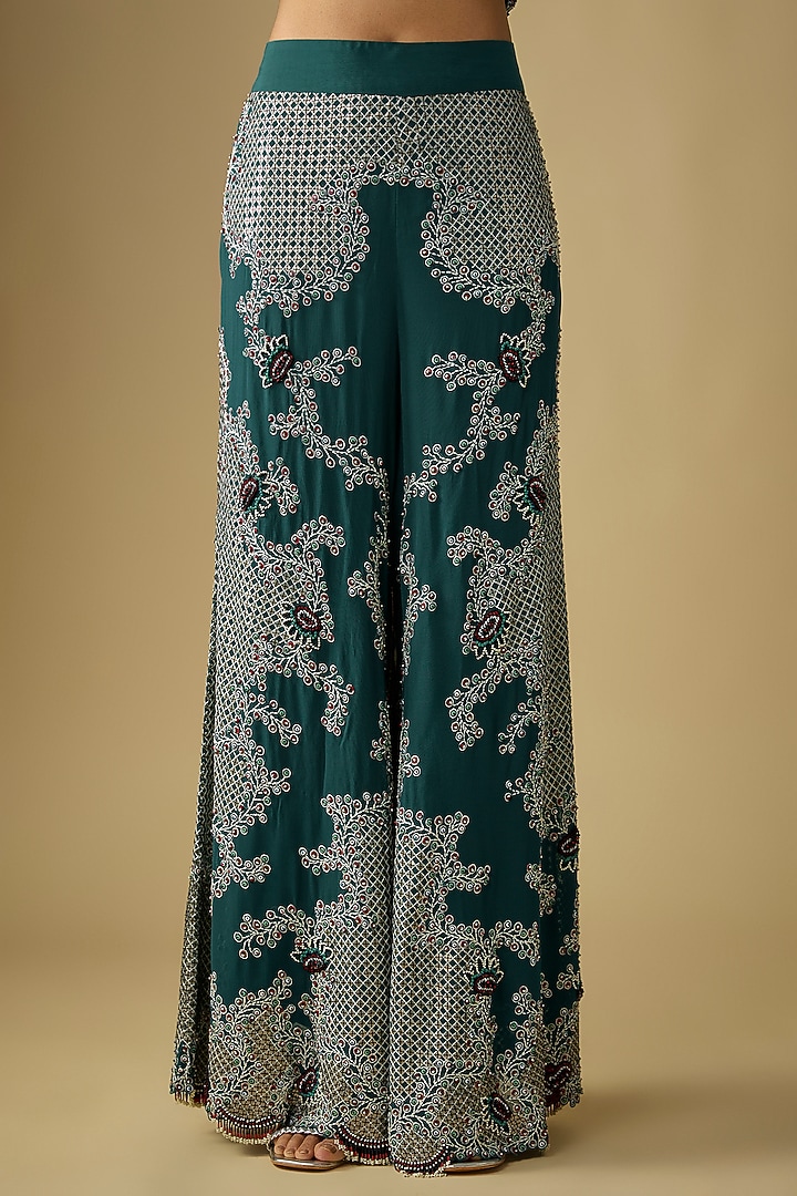 Teal Crepe Hand Embroidered Kurta Set by Nupur Kanoi at Pernia's Pop Up Shop