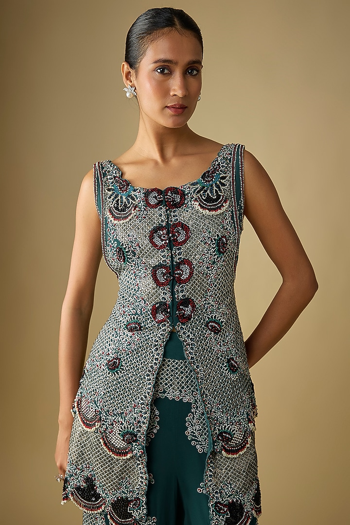 Teal Crepe Hand Embroidered Kurta Set by Nupur Kanoi at Pernia's Pop Up Shop
