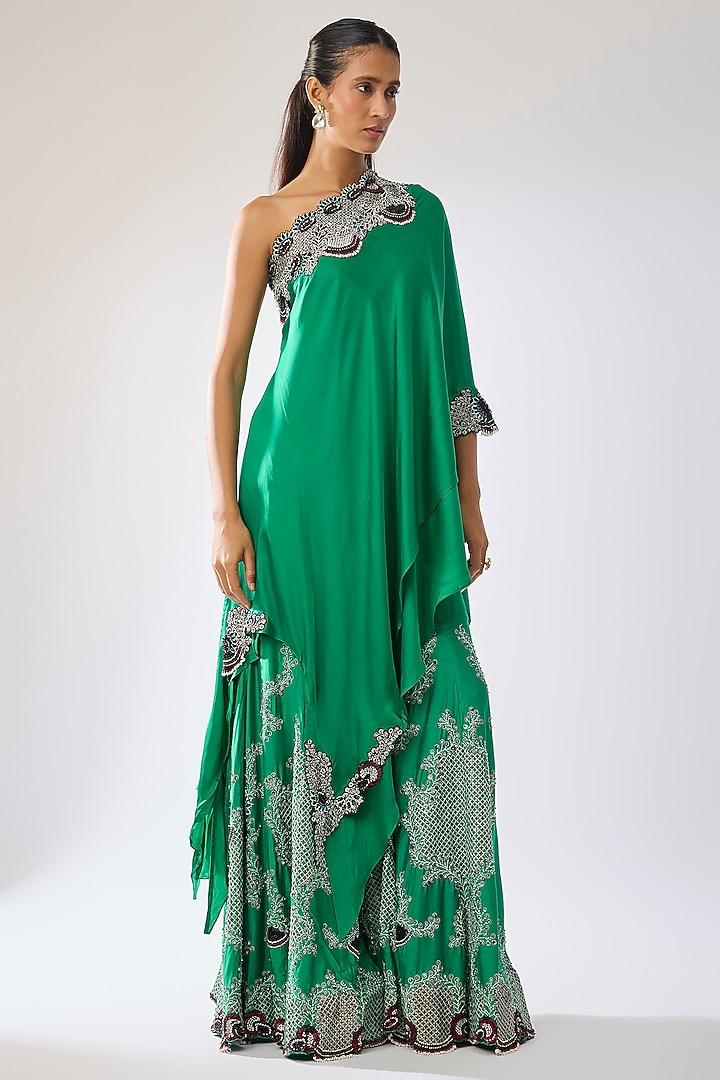 Sea Green Satin Hand Embroidered Gharara Set by Nupur Kanoi at Pernia's Pop Up Shop