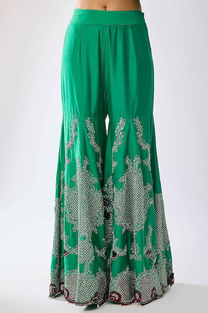 Sea Green Satin Hand Embroidered Gharara Set by Nupur Kanoi at Pernia's Pop Up Shop
