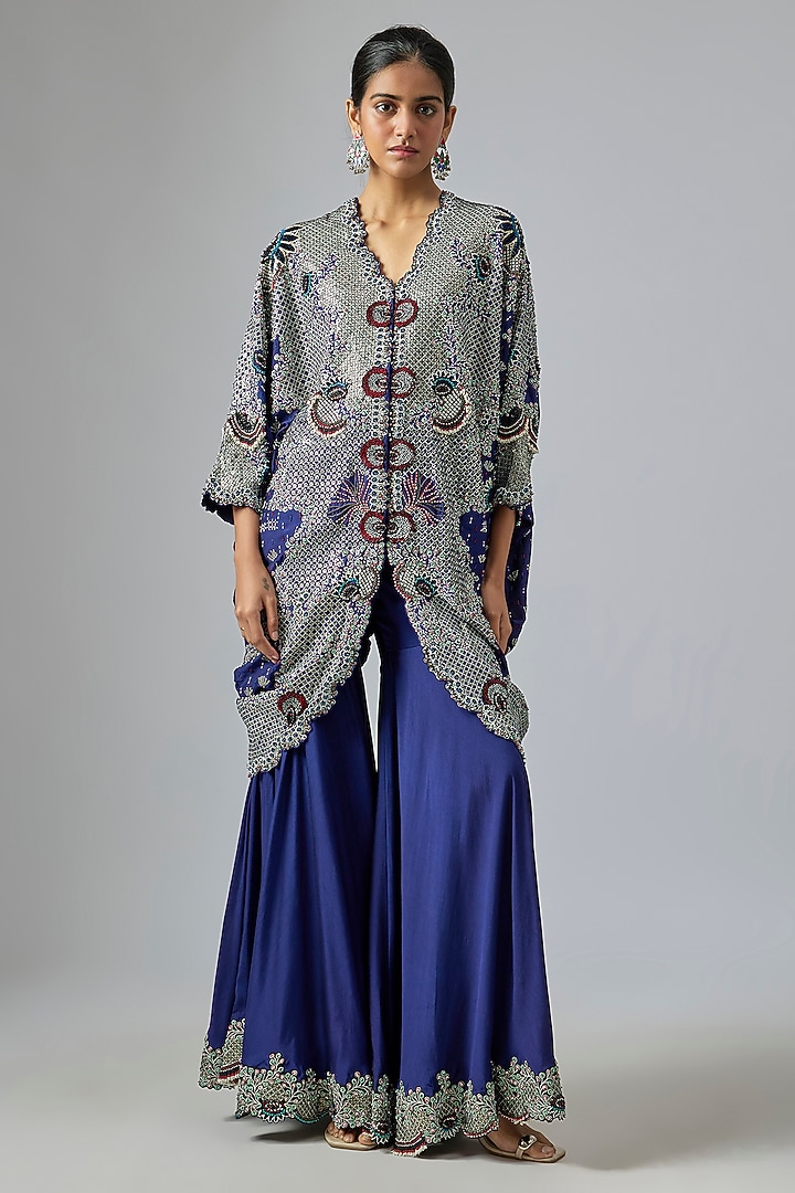 Navy Blue Crepe & Lycra Embroidered Gharara Set by Nupur Kanoi at Pernia's Pop Up Shop