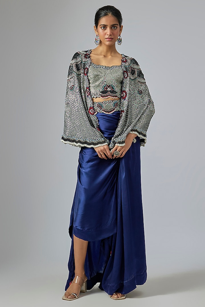 Navy Blue Satin Drawstring Skirt Set by Nupur Kanoi at Pernia's Pop Up Shop