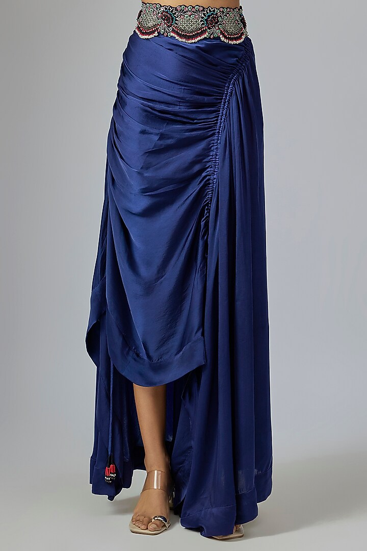 Navy Blue Satin Drawstring Skirt Set by Nupur Kanoi at Pernia's Pop Up Shop