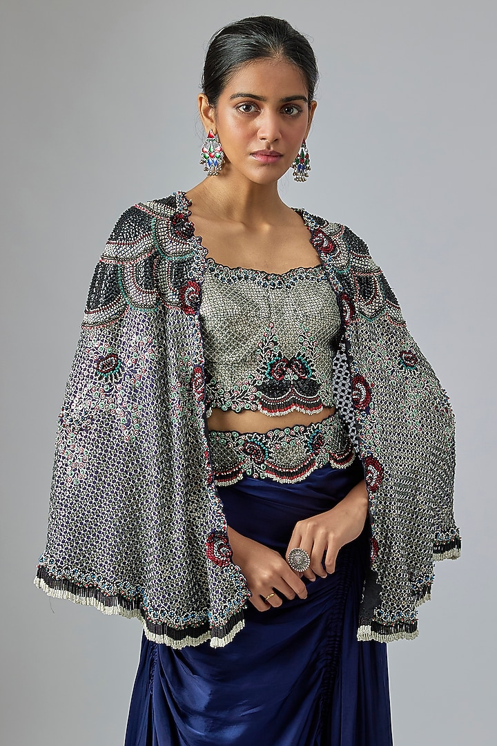 Navy Blue Satin Drawstring Skirt Set by Nupur Kanoi at Pernia's Pop Up Shop