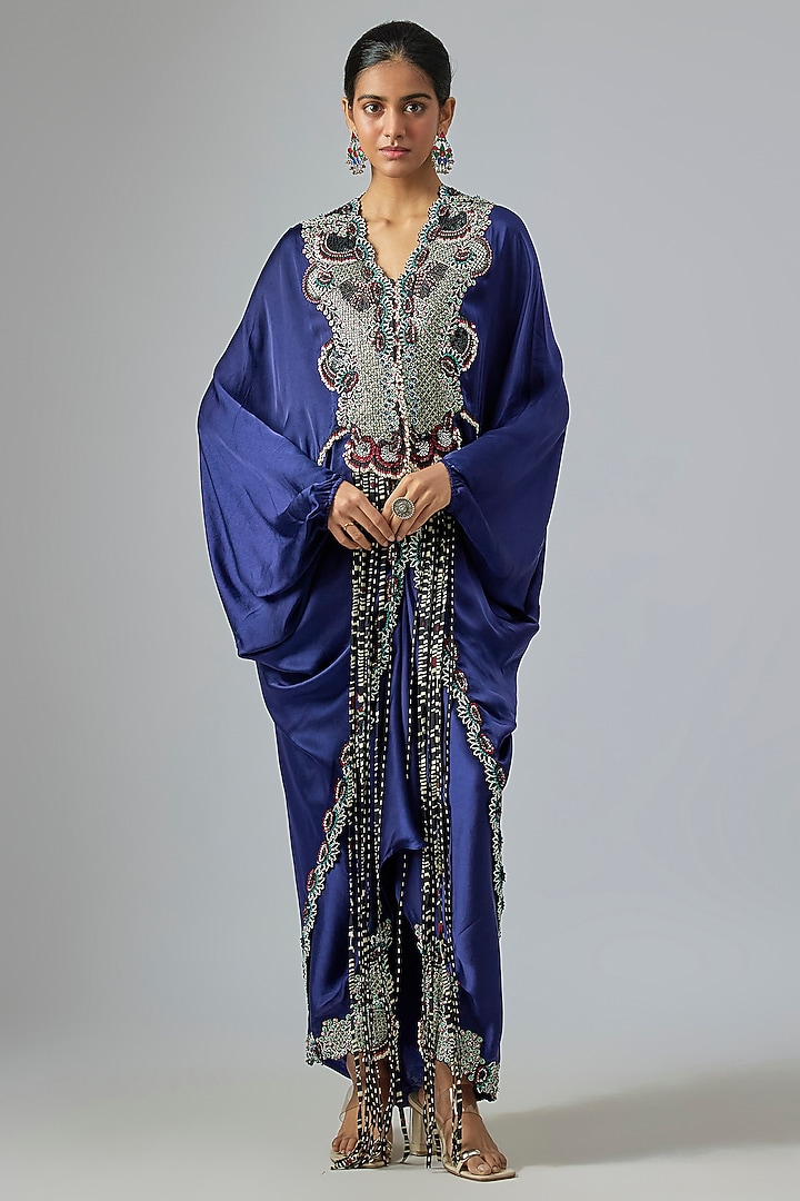 Navy Blue Satin Hand Embroidered Skirt Set by Nupur Kanoi at Pernia's Pop Up Shop