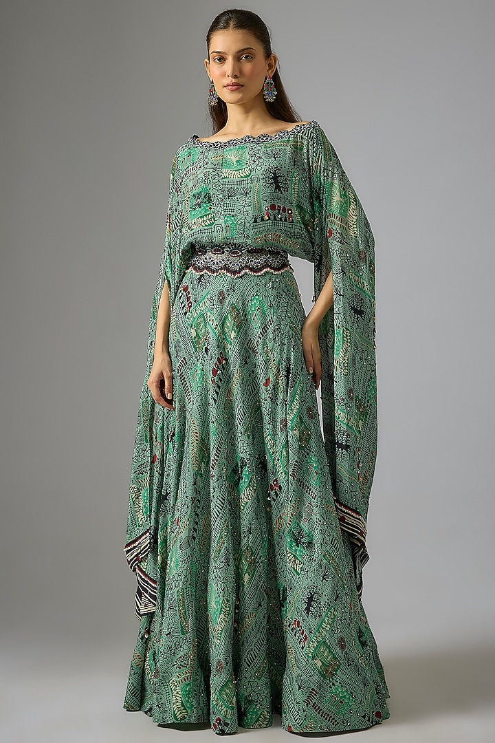 Mint Green Crepe Embroidered & Printed Wedding Lehenga Set by Nupur Kanoi at Pernia's Pop Up Shop
