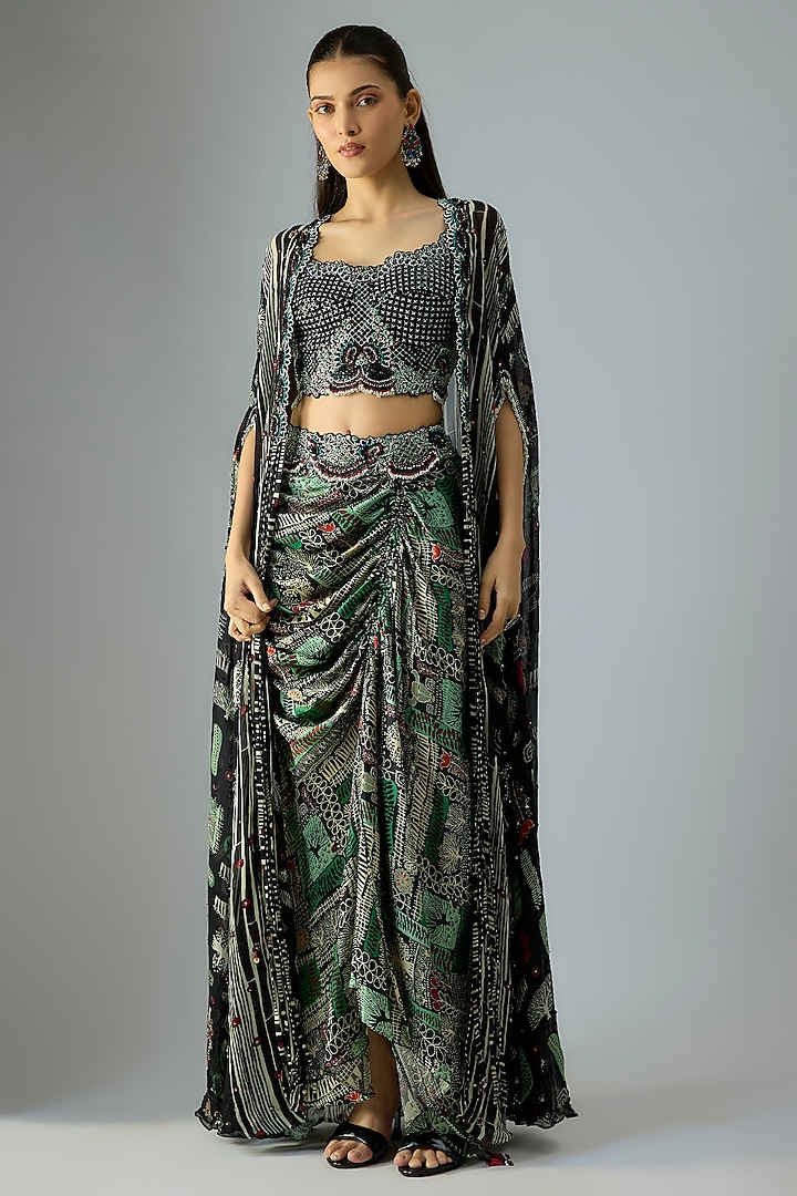 Black Chiffon Printed & Hand Embroidered Cape Set by Nupur Kanoi at Pernia's Pop Up Shop