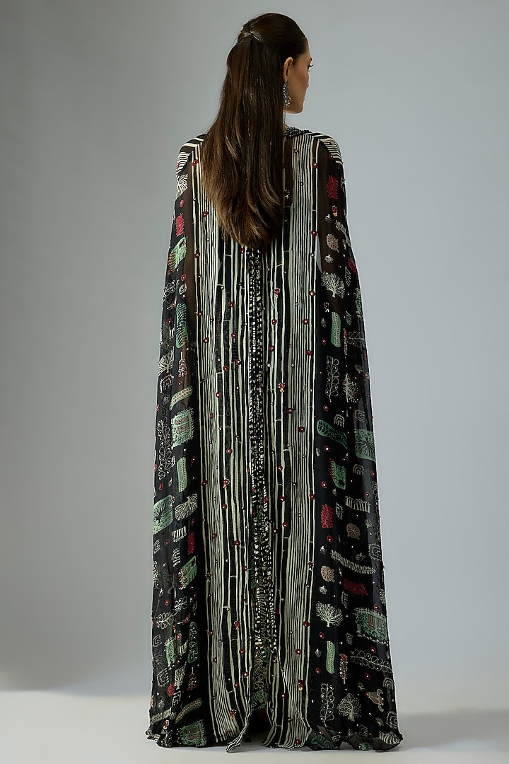 Black Chiffon Printed & Hand Embroidered Cape Set by Nupur Kanoi at Pernia's Pop Up Shop