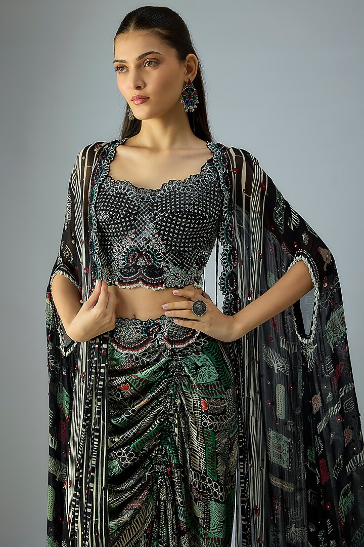 Black Chiffon Printed & Hand Embroidered Cape Set by Nupur Kanoi at Pernia's Pop Up Shop