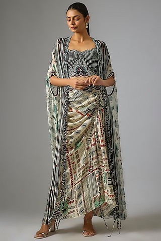 Off-White Crepe & Lycra Embroidered & Printed Jacket Dress by Nupur Kanoi