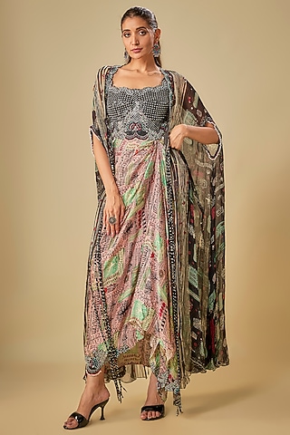 Black Chiffon Digital Printed Cape Set by Nupur Kanoi