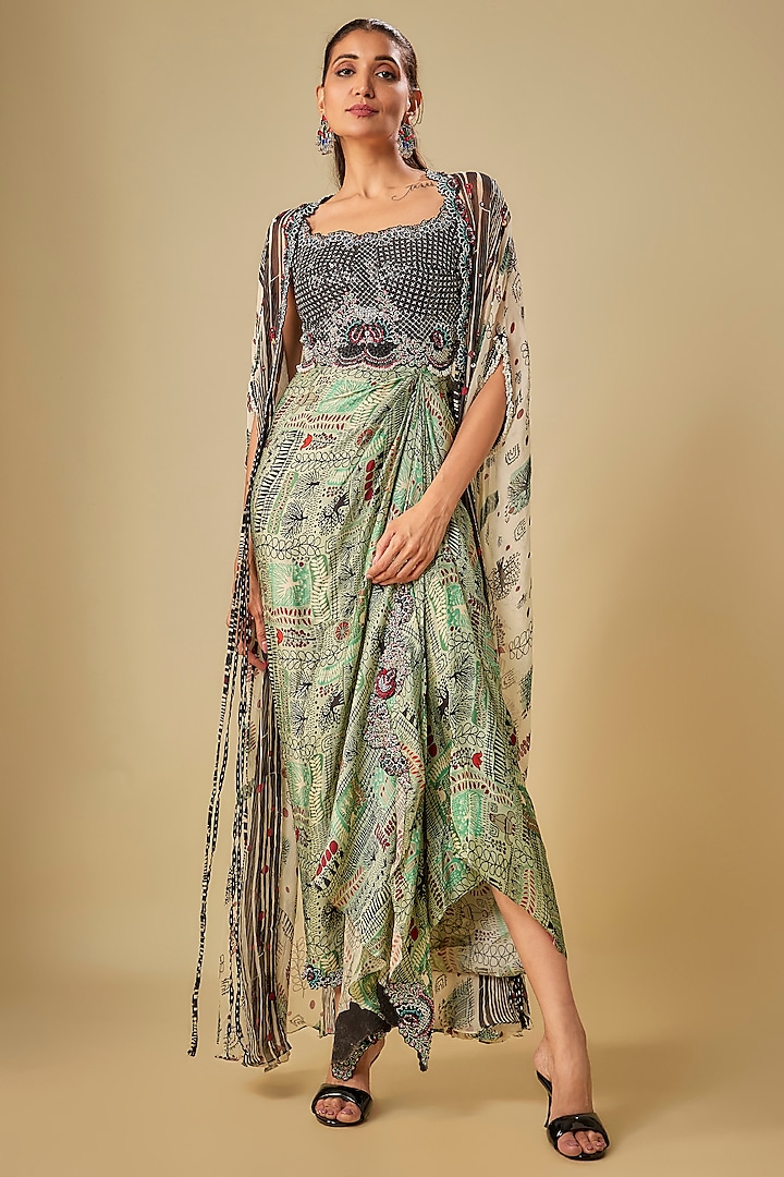 Off-White Georgette Digital Printed Cape Set by Nupur Kanoi at Pernia's Pop Up Shop