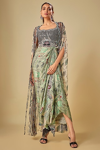 Off-White Georgette Digital Printed Cape Set by Nupur Kanoi
